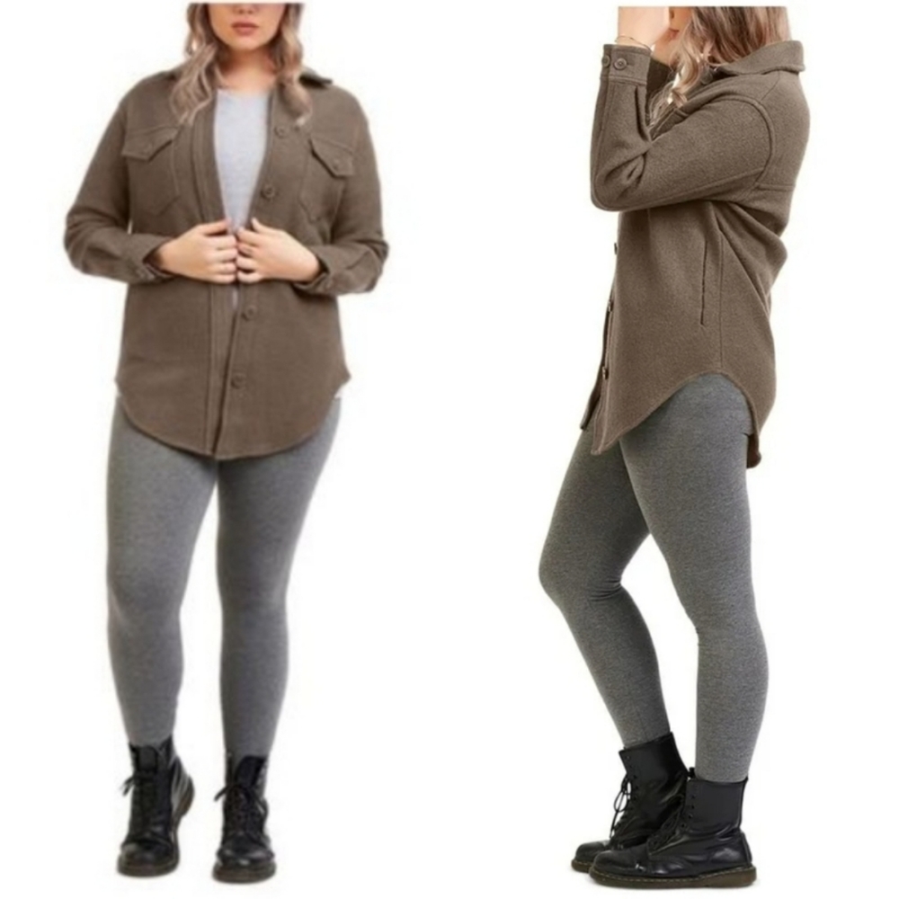 BLACK TAPE Womens Gray Green Cuffed Sleeve Collared Distressed Shacket Med